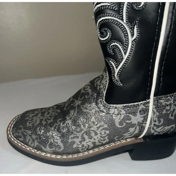 OLD WEST KIDS SQUARE TOE BLACK METALLIC SILVER BOOTS SIZE 11 - Picture 12 of 14